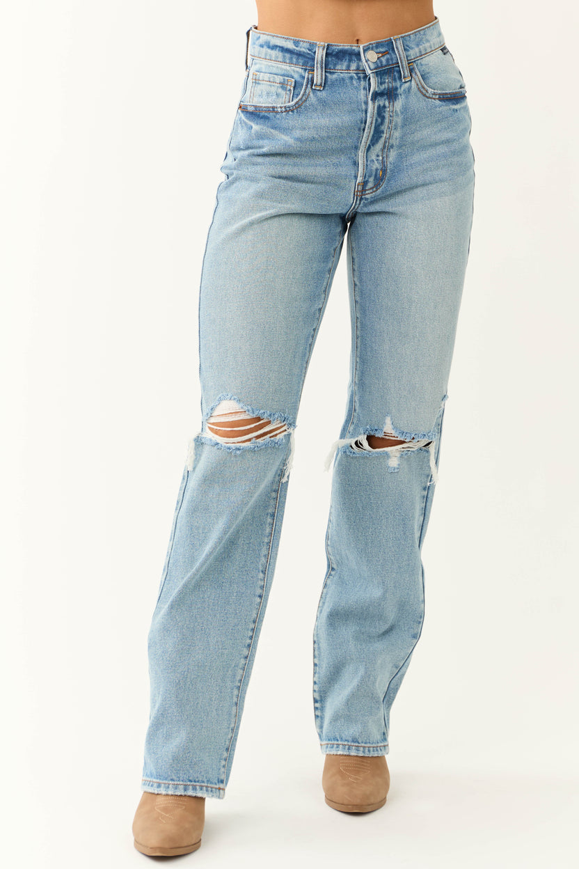 Cello Light Wash High Waisted Distressed Dad Jeans