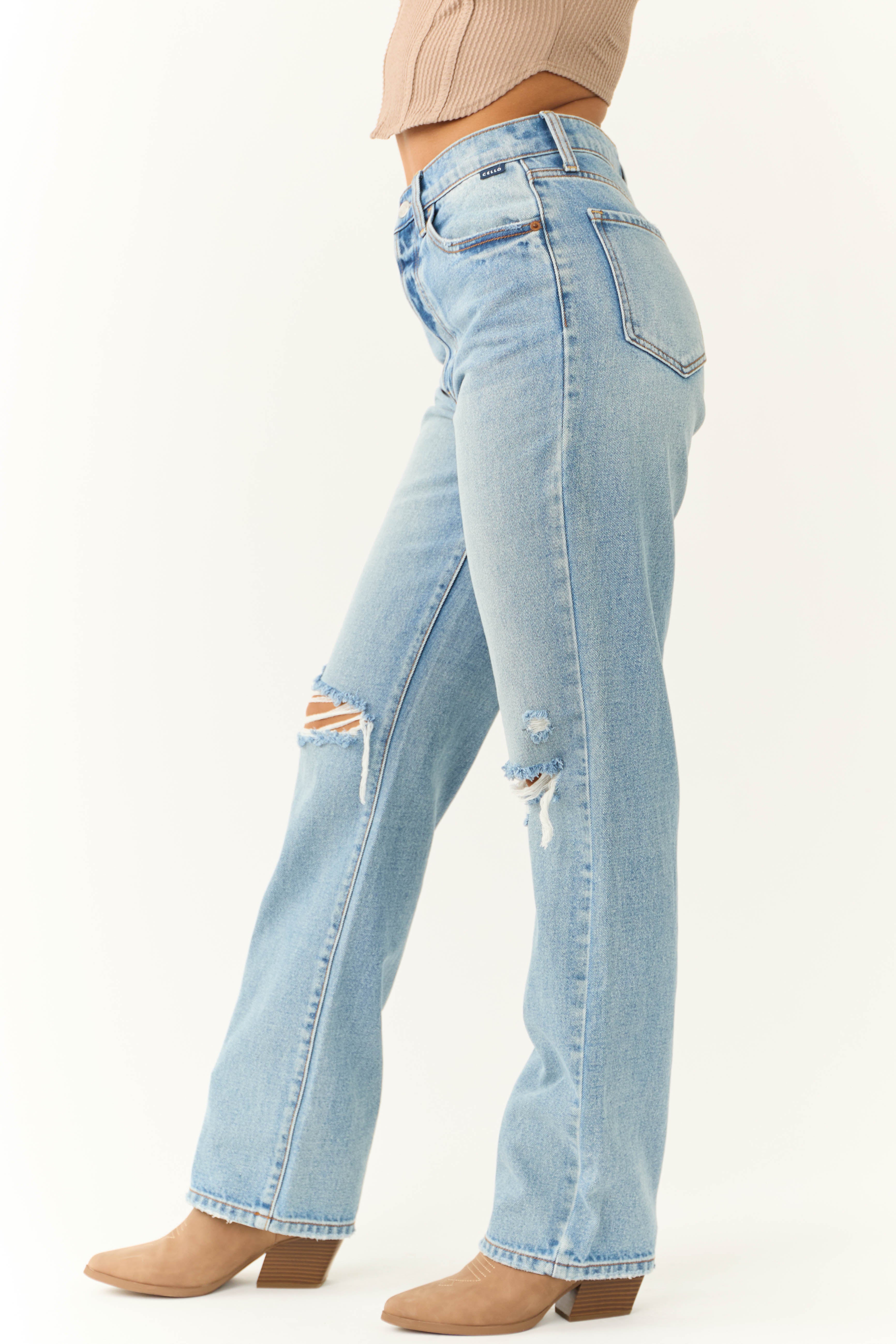 Cello Light Wash High Waisted Distressed Dad Jeans