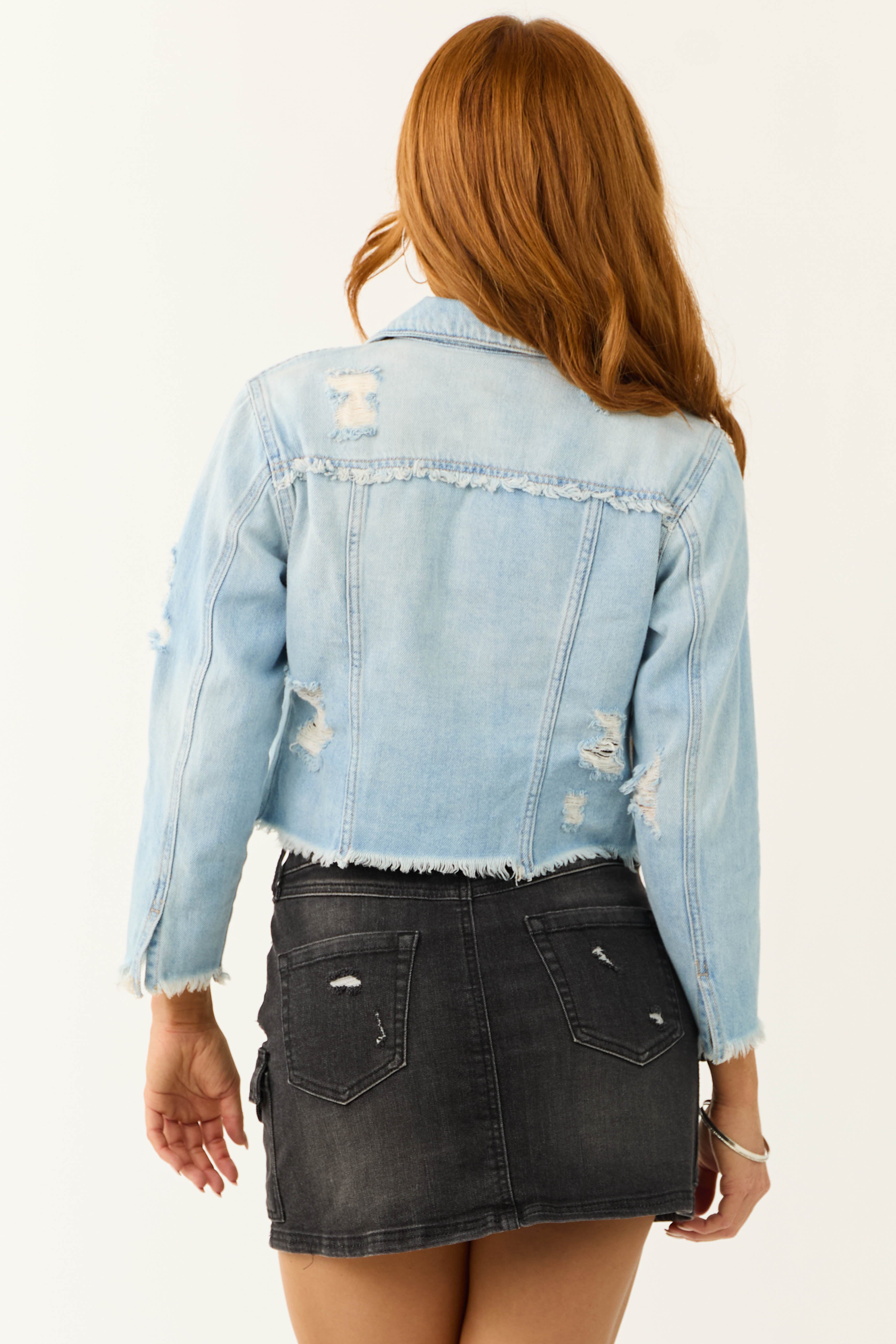 Cello Light Wash Mid Length Distressed Denim Jacket