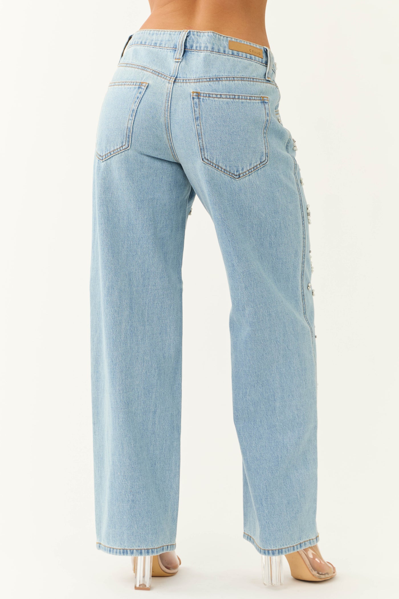 Cello Light Wash Rhinestone Wide Leg Jeans