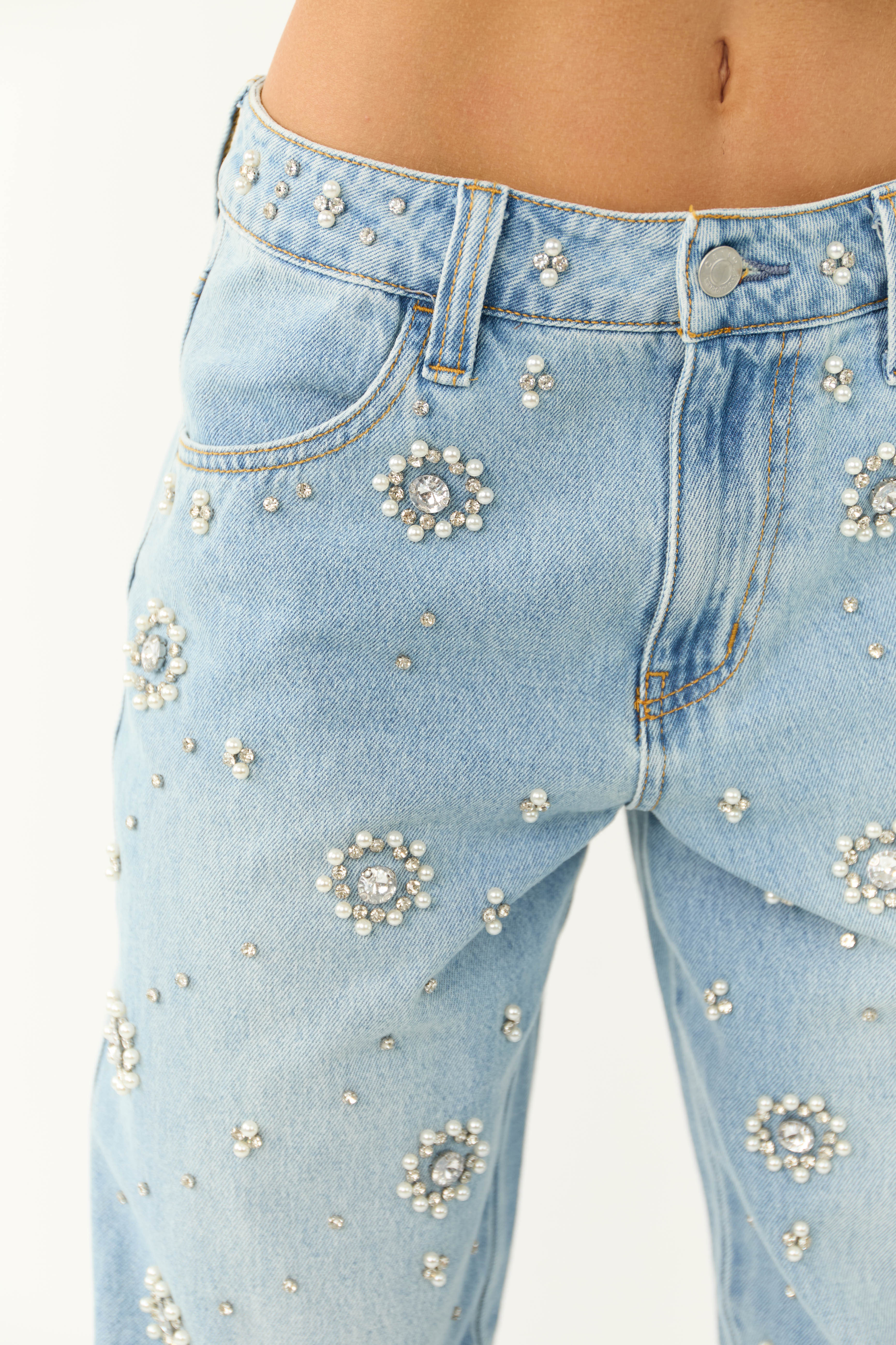 Cello Light Wash Rhinestone Wide Leg Jeans