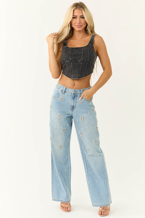 Cello Light Wash Rhinestone Wide Leg Jeans