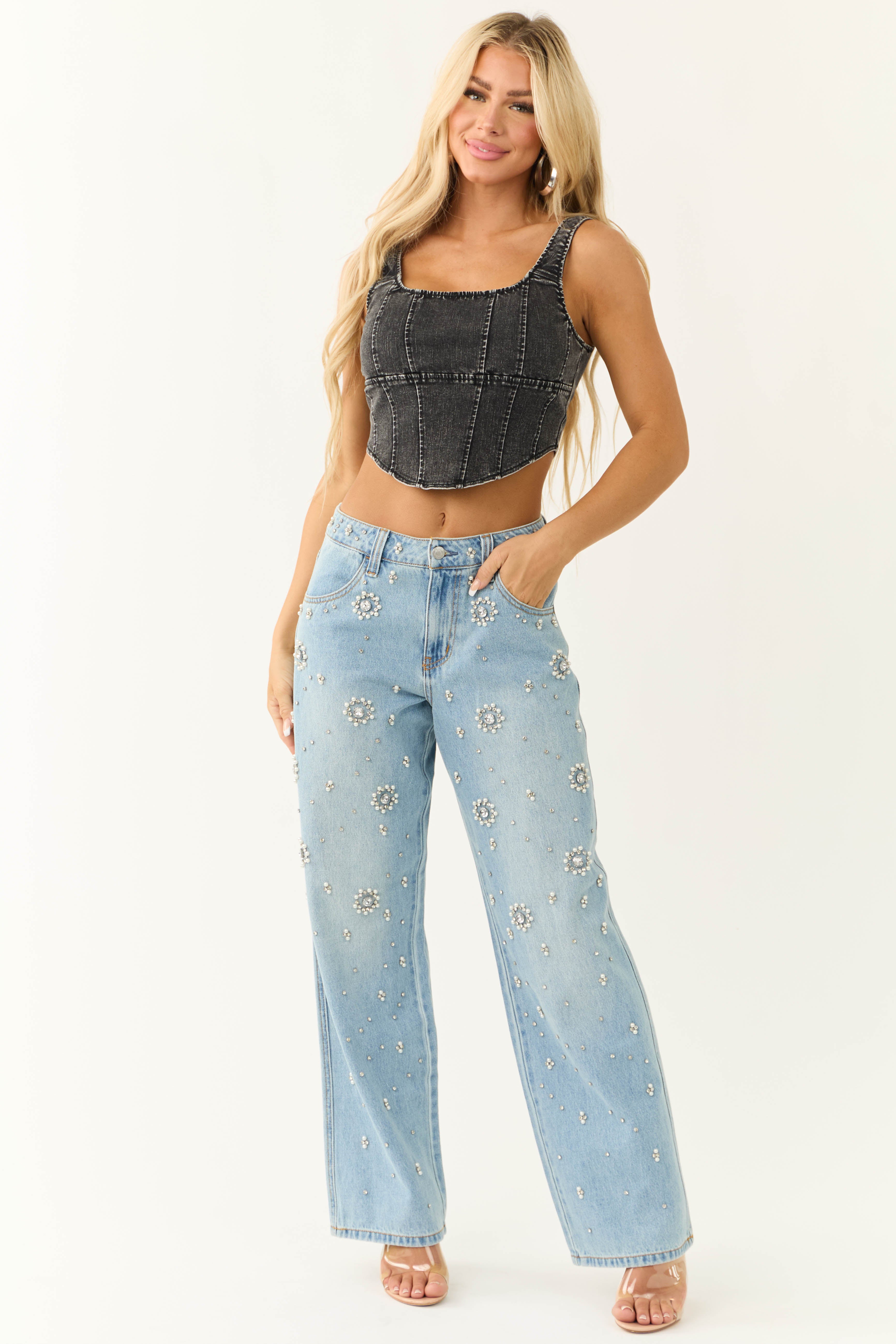 Cello Light Wash Rhinestone Wide Leg Jeans