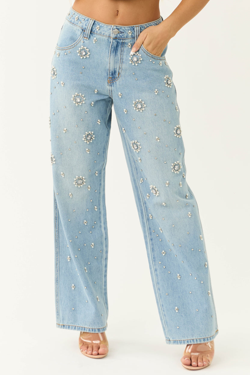 Cello Light Wash Rhinestone Wide Leg Jeans