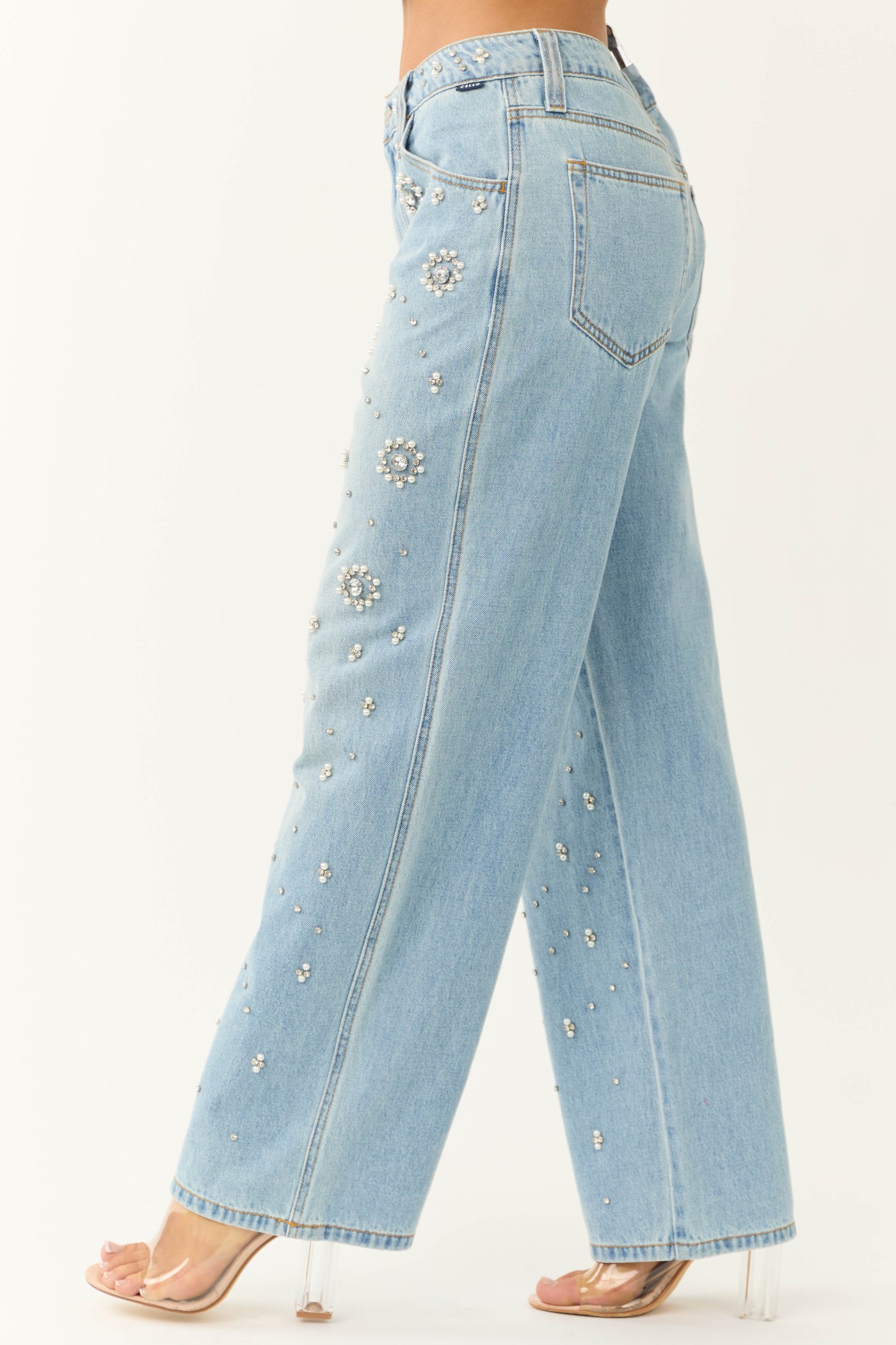 Cello Light Wash Rhinestone Wide Leg Jeans