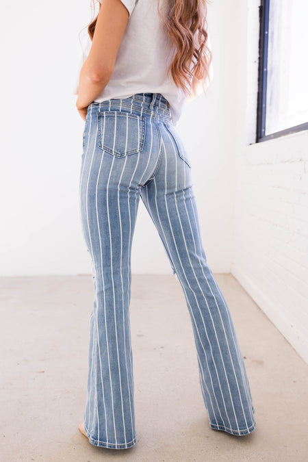 Cello Light Wash Striped High Rise Flare Jeans