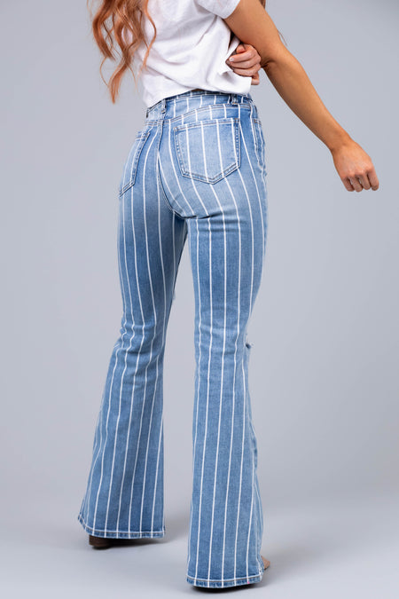 Cello Light Wash Striped High Rise Flare Jeans