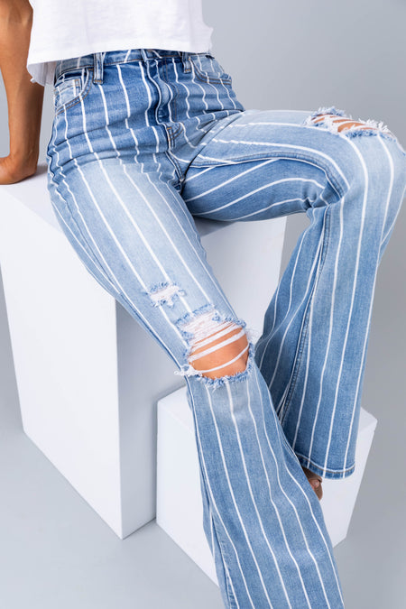 Cello Light Wash Striped High Rise Flare Jeans