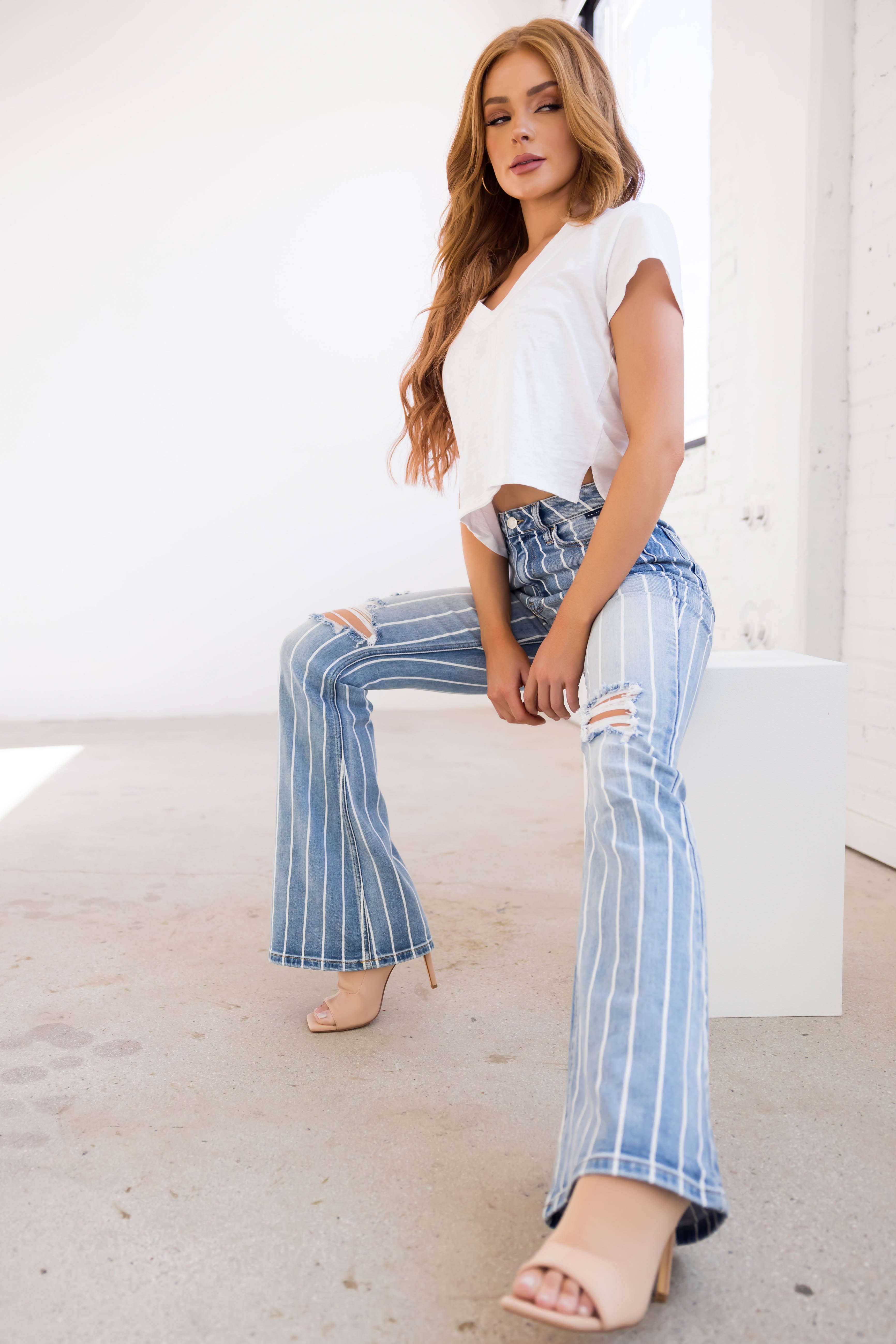 Cello Light Wash Striped High Rise Flare Jeans