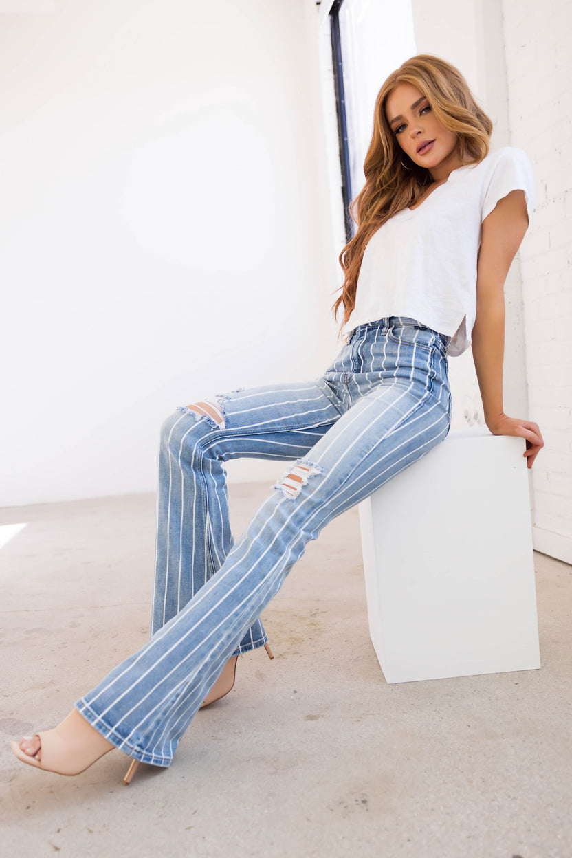 Cello Light Wash Striped High Rise Flare Jeans