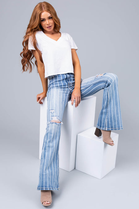 Cello Light Wash Striped High Rise Flare Jeans