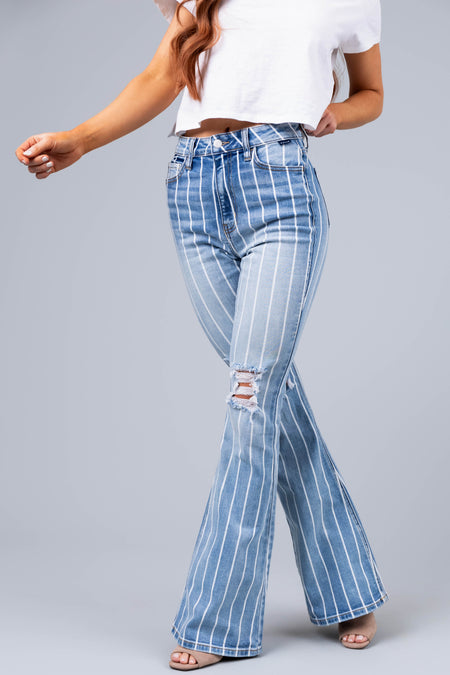 Cello Light Wash Striped High Rise Flare Jeans