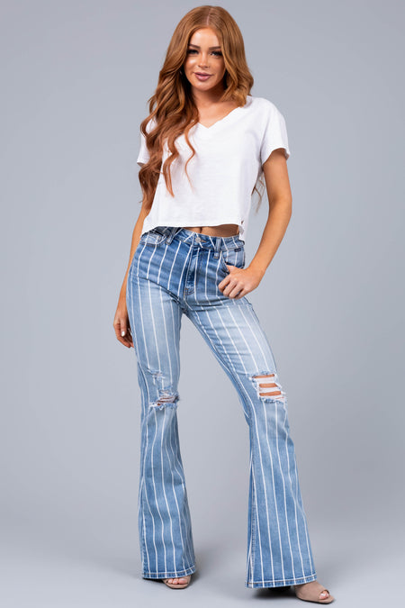 Cello Light Wash Striped High Rise Flare Jeans