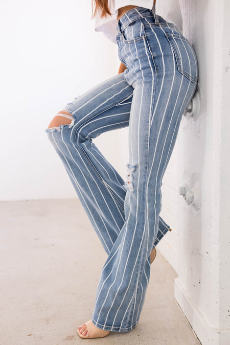 Cello Light Wash Striped High Rise Flare Jeans