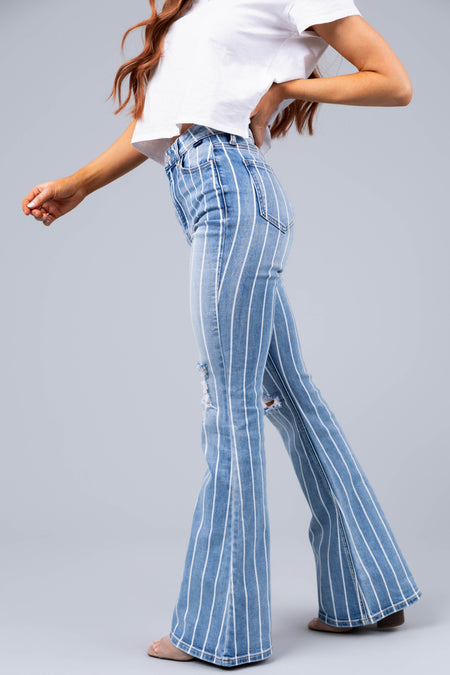 Cello Light Wash Striped High Rise Flare Jeans