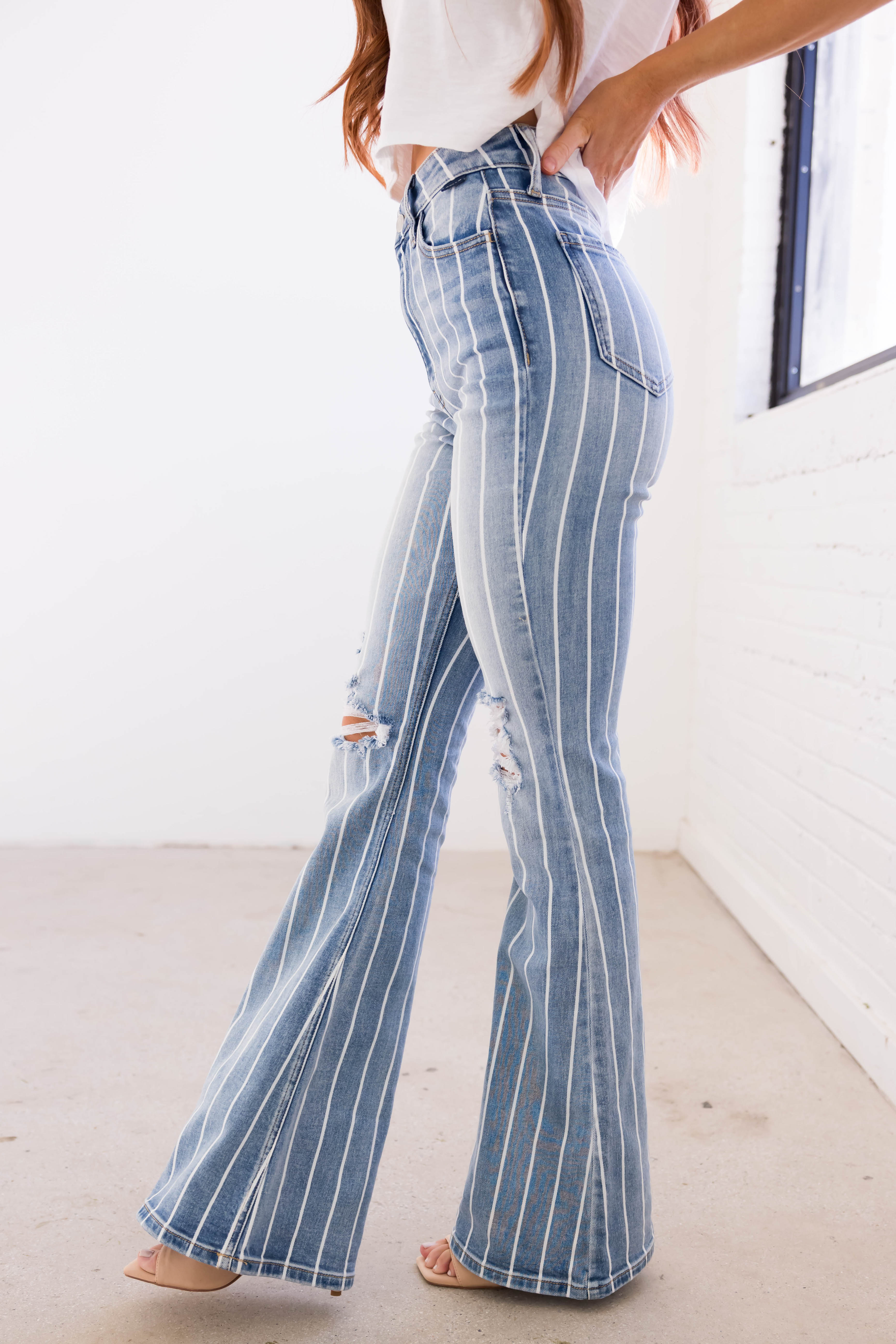 Cello Light Wash Striped High Rise Flare Jeans