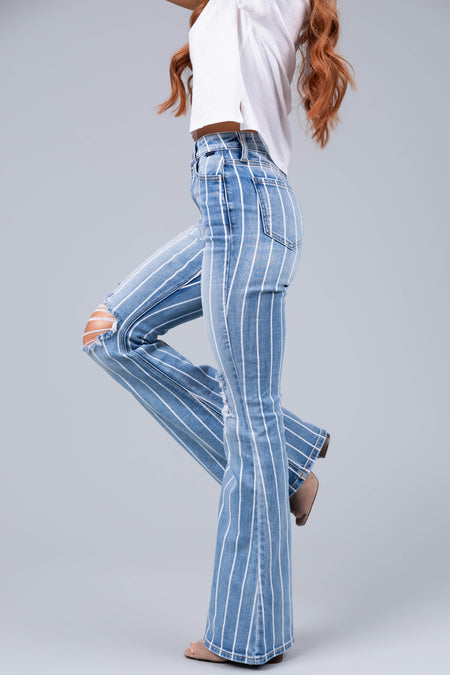 Cello Light Wash Striped High Rise Flare Jeans