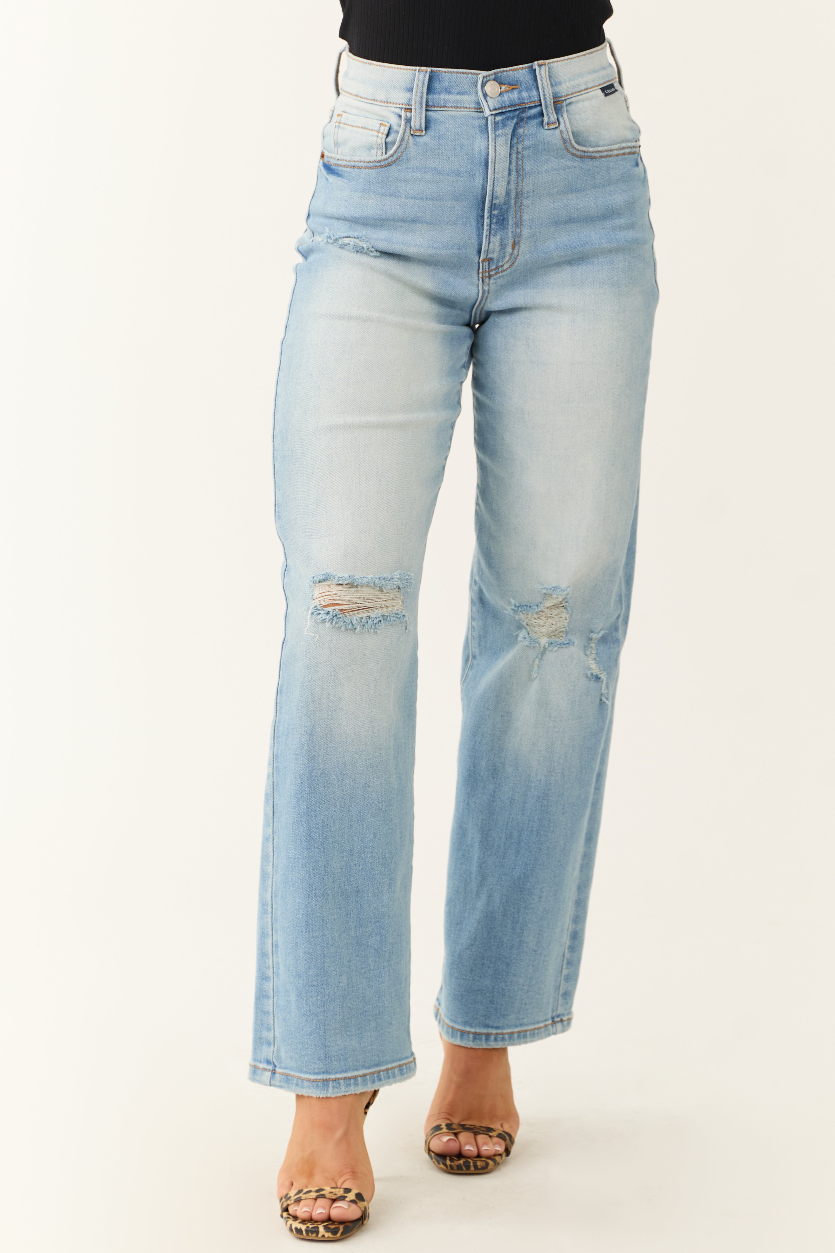 Cello Light Wash Wide Leg Distressed Jeans