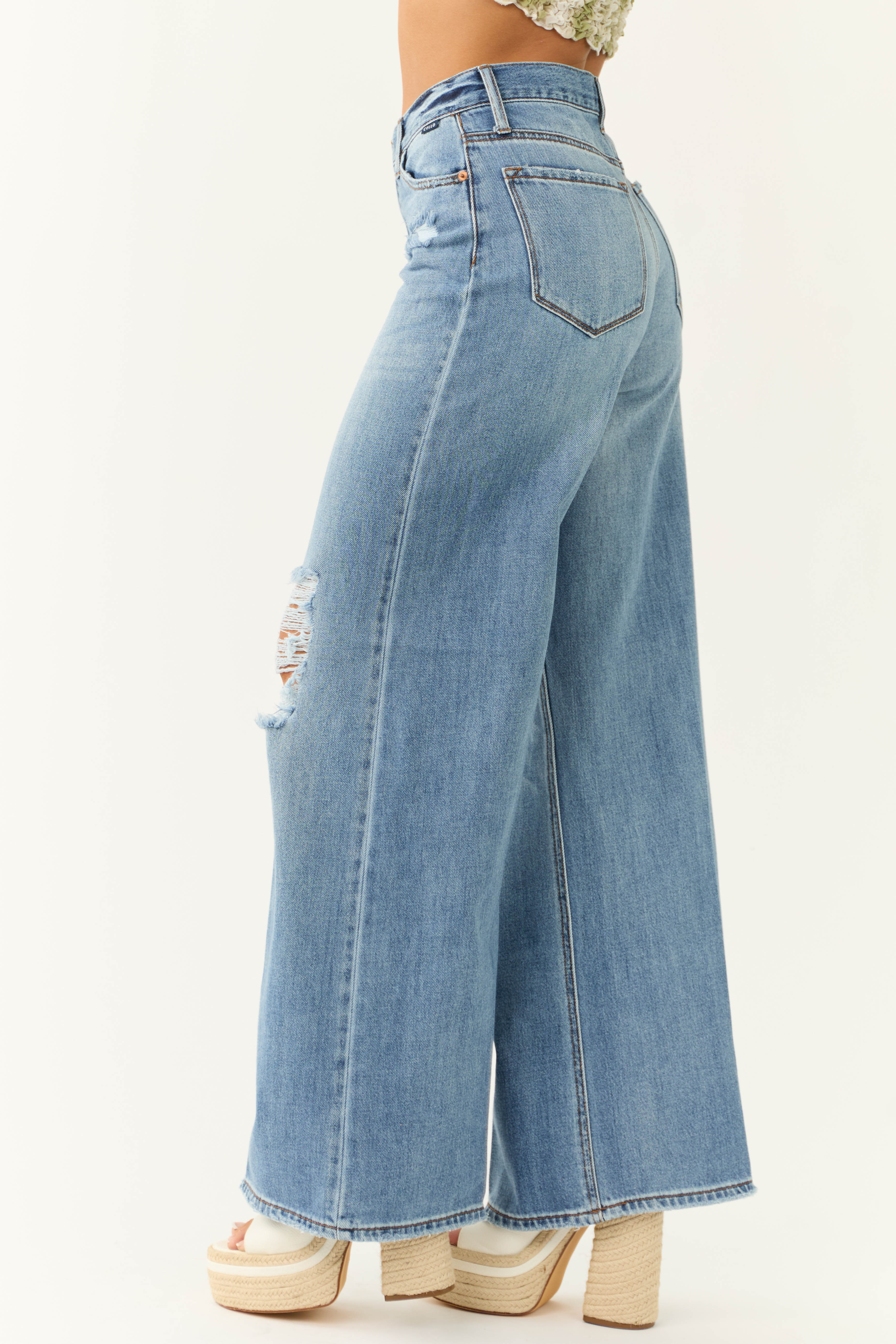 Cello Medium Light Wash Distressed Knee Wide Leg Jeans