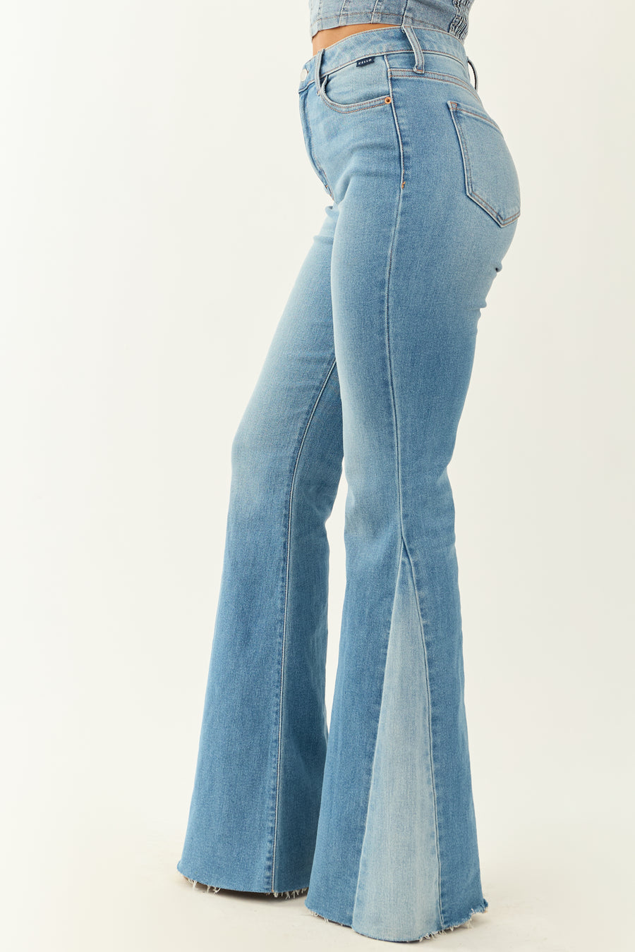 Cello Medium Wash Side Hem Panel Stretchy Flare Jeans