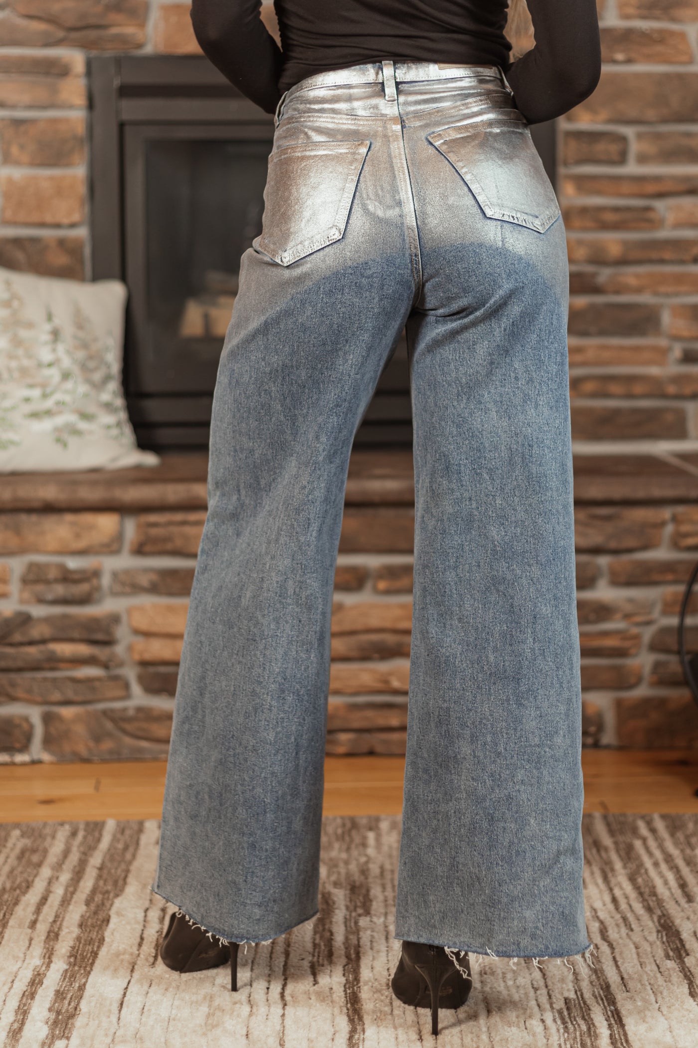 Cello Medium Wash Silver Foiled Wide Leg Jeans