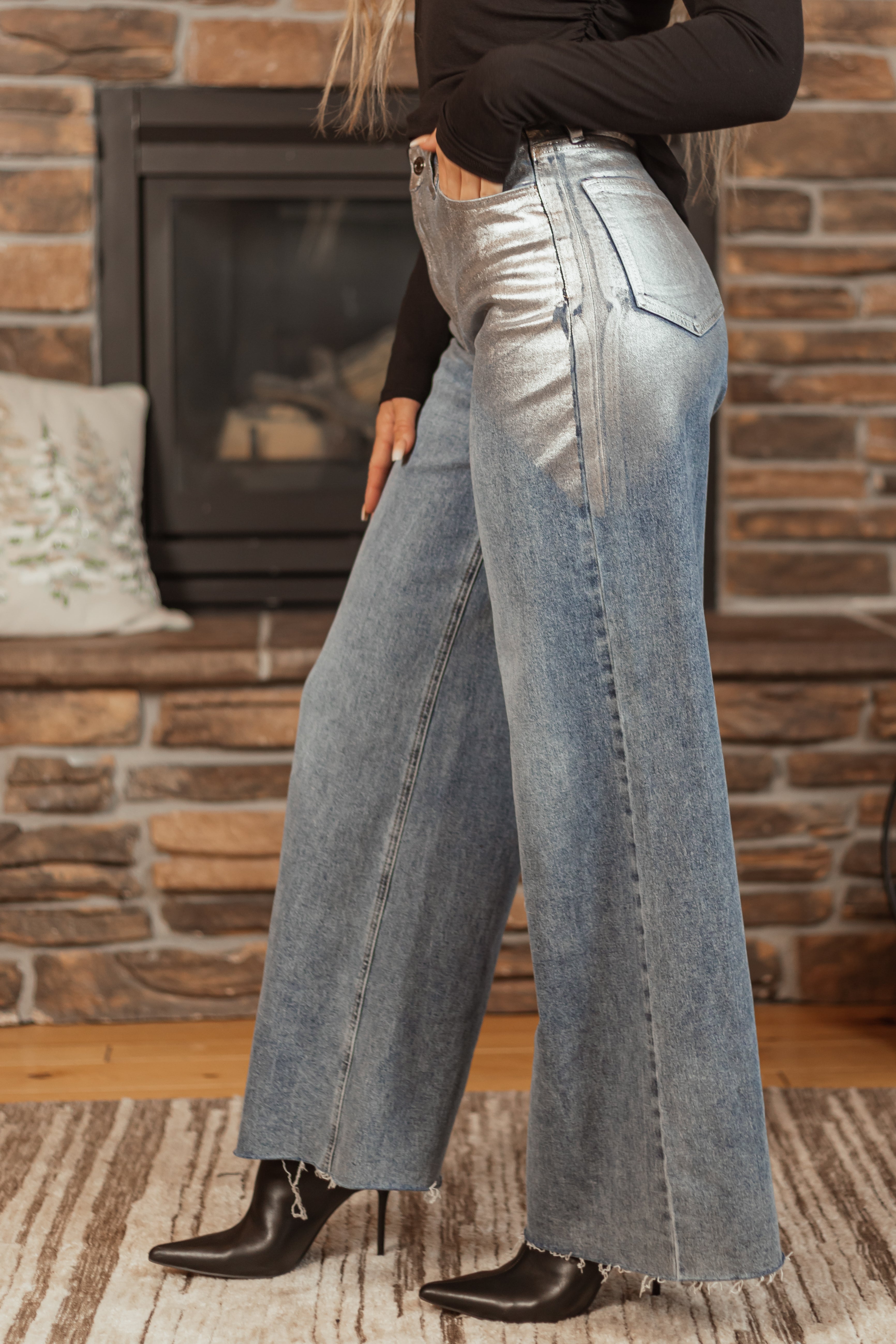 Cello Medium Wash Silver Foiled Wide Leg Jeans