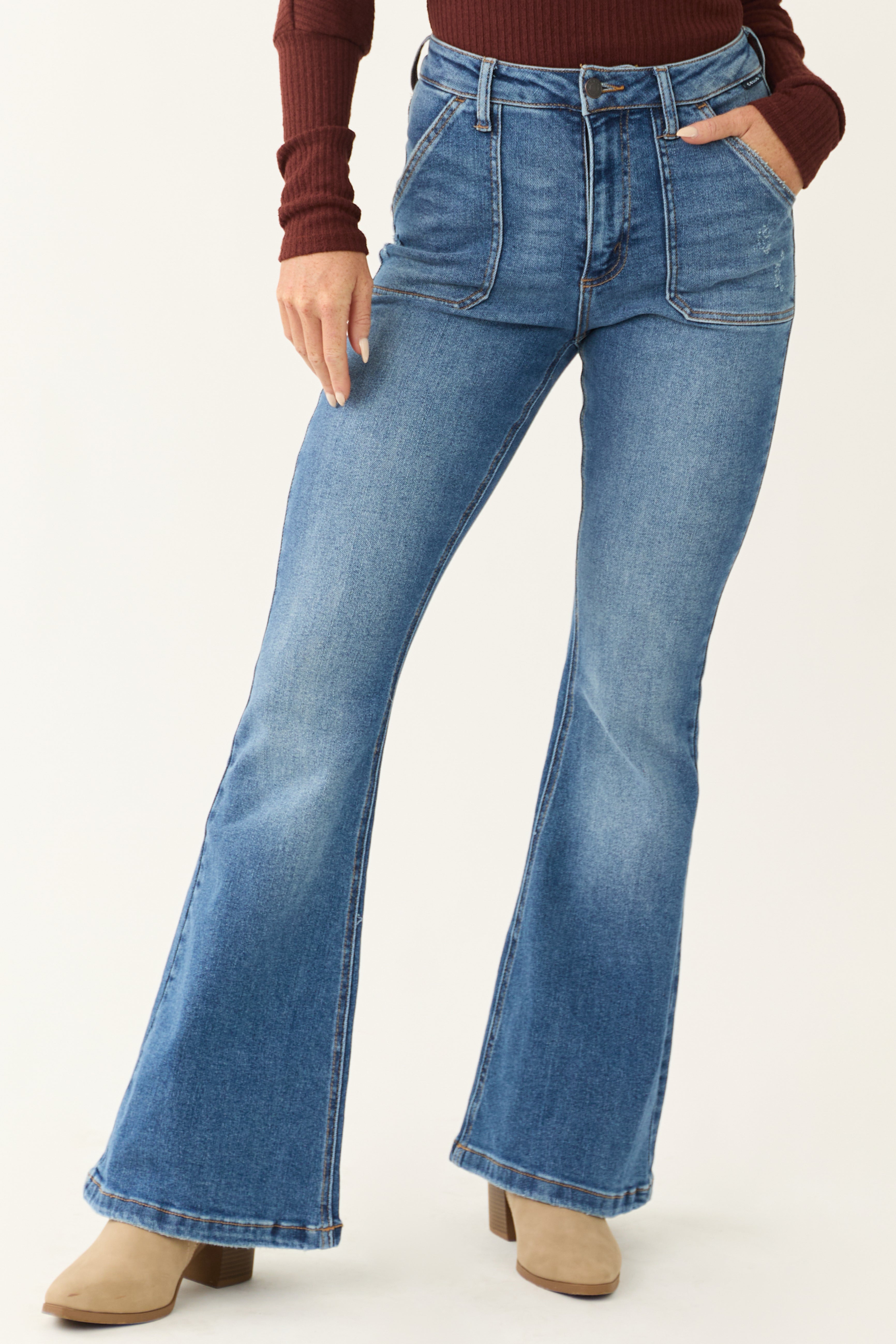 Cello Medium Wash Slant Pocket Flare Jeans