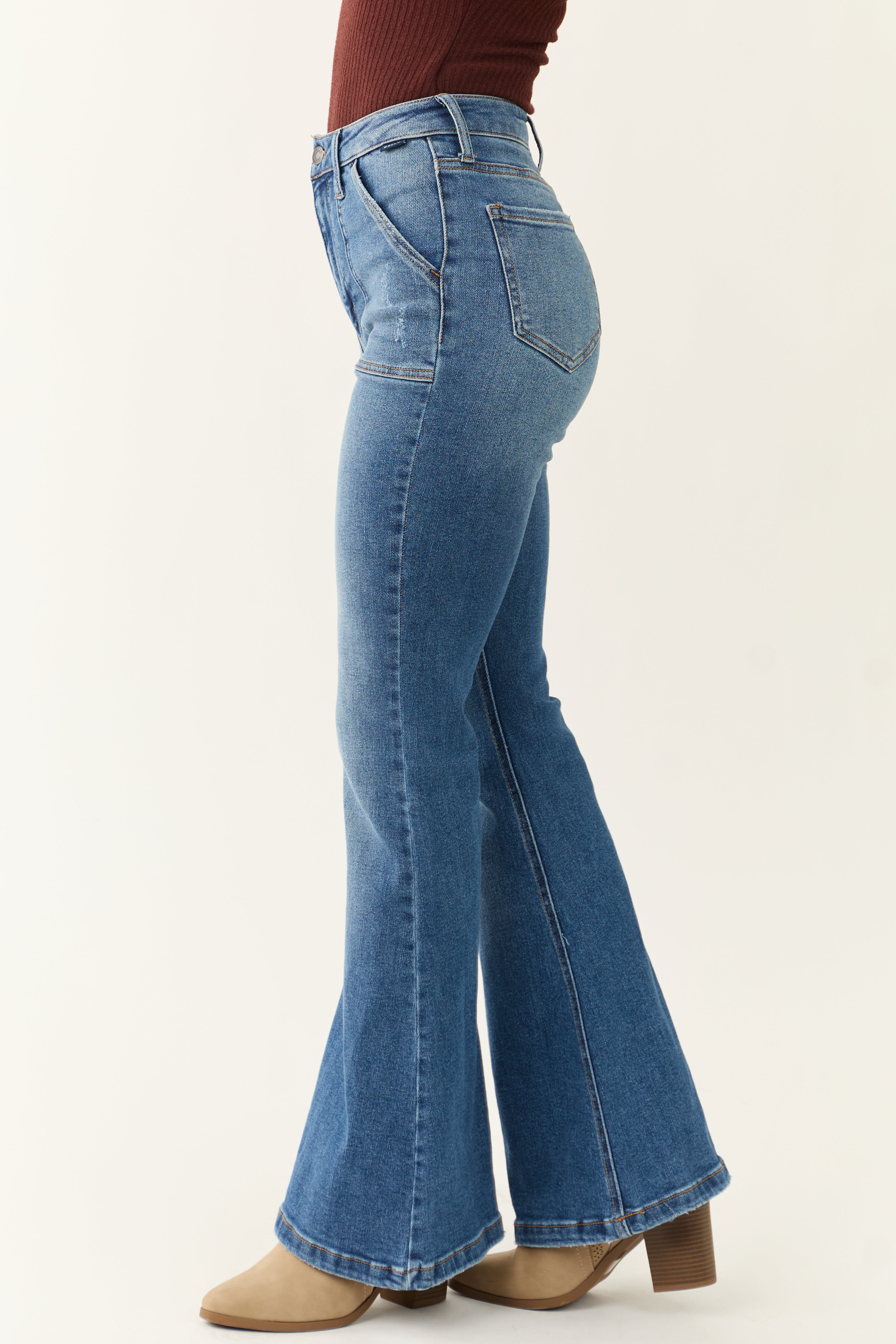 Cello Medium Wash Slant Pocket Flare Jeans