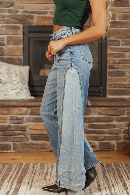 Cello Medium Wash Waist Hem Detail Wide Leg Jeans