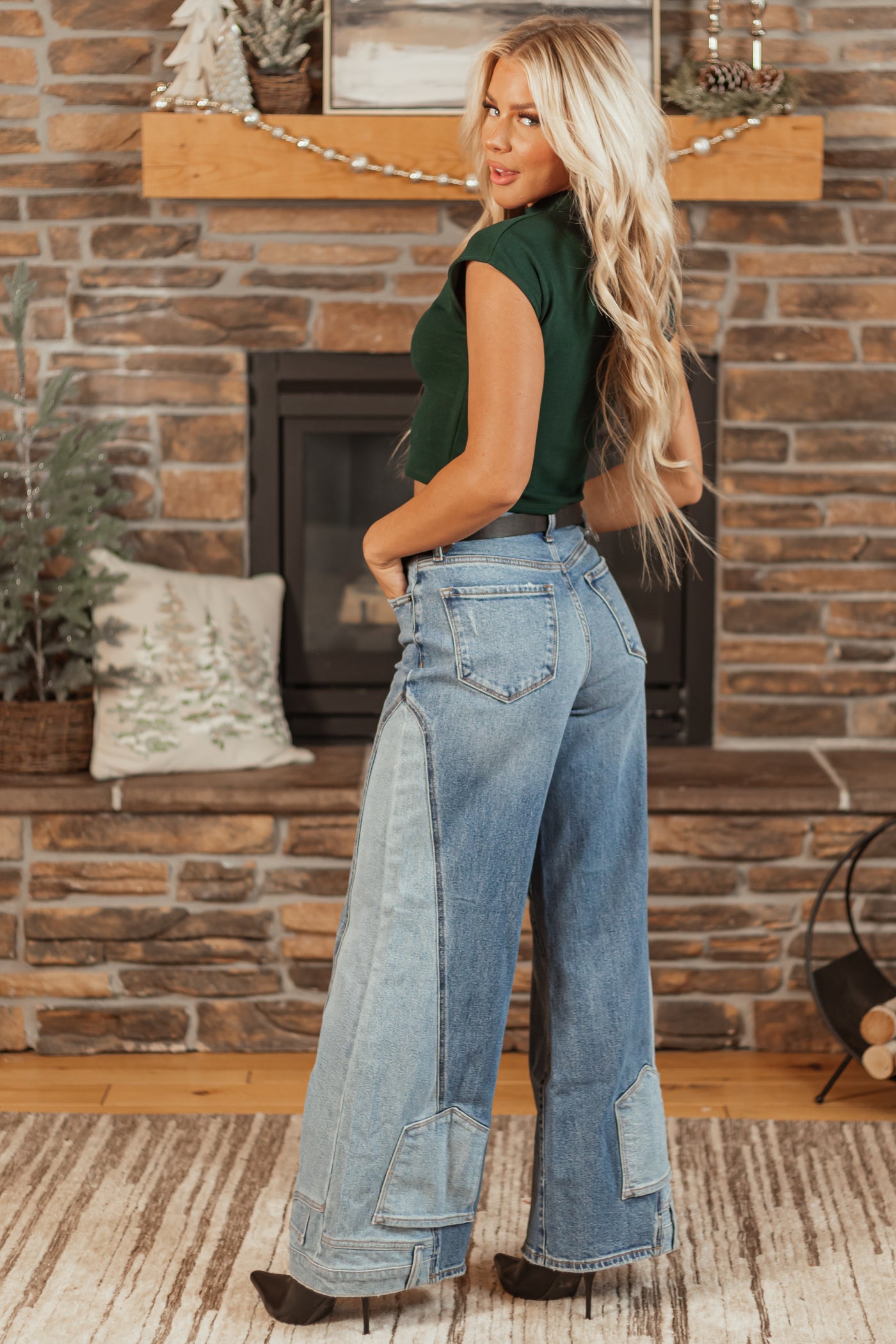 Cello Medium Wash Waist Hem Detail Wide Leg Jeans