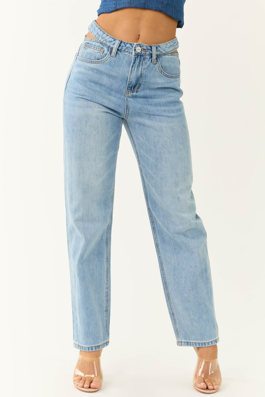 Ceros Light Wash High Rise Cut Out Waist Denim Jeans