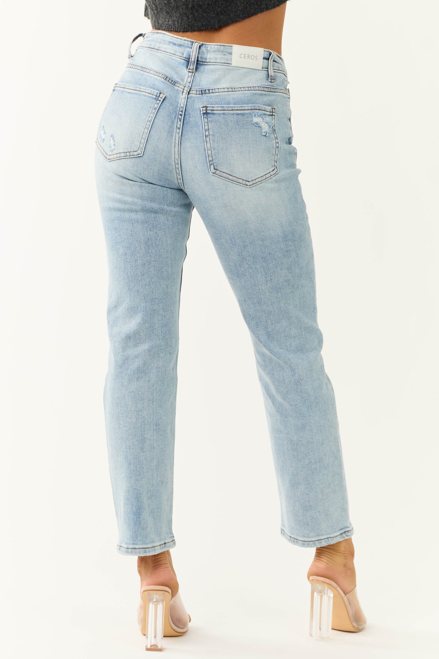 Ceros Light Wash High Rise Rhinestone Detail Ankle Jeans