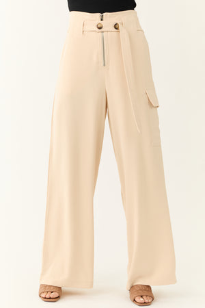 Champagne Belted High Waist Wide Leg Pants