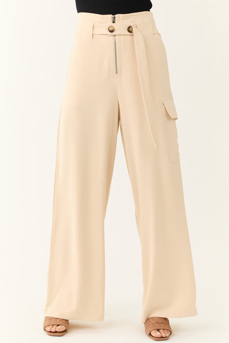 Champagne Belted High Waist Wide Leg Pants