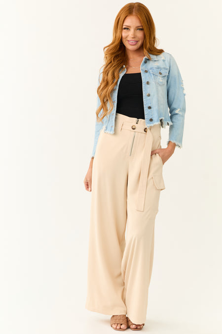 Champagne Belted High Waist Wide Leg Pants