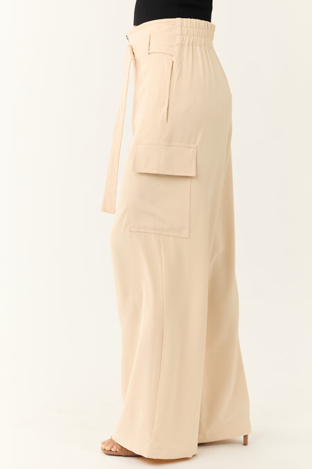 Champagne Belted High Waist Wide Leg Pants