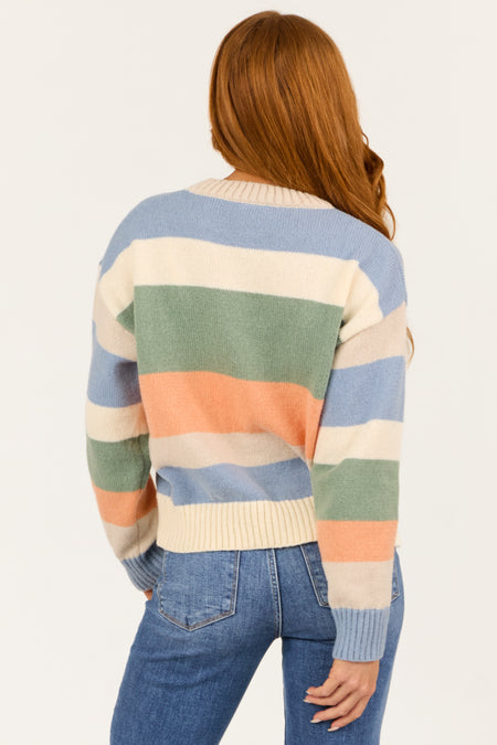 Champagne Colorful Stripe Stitch Detail Sweater