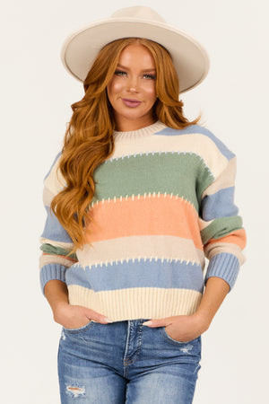 Champagne Colorful Stripe Stitch Detail Sweater