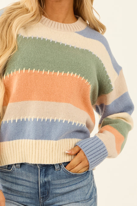 Champagne Colorful Stripe Stitch Detail Sweater