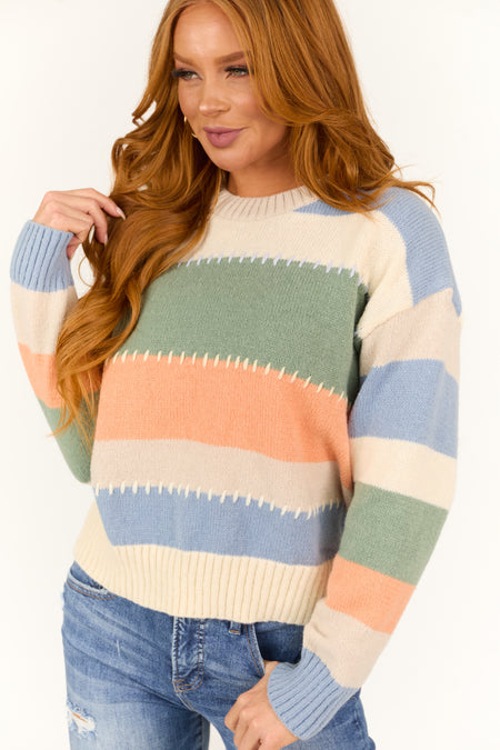 Champagne Colorful Stripe Stitch Detail Sweater