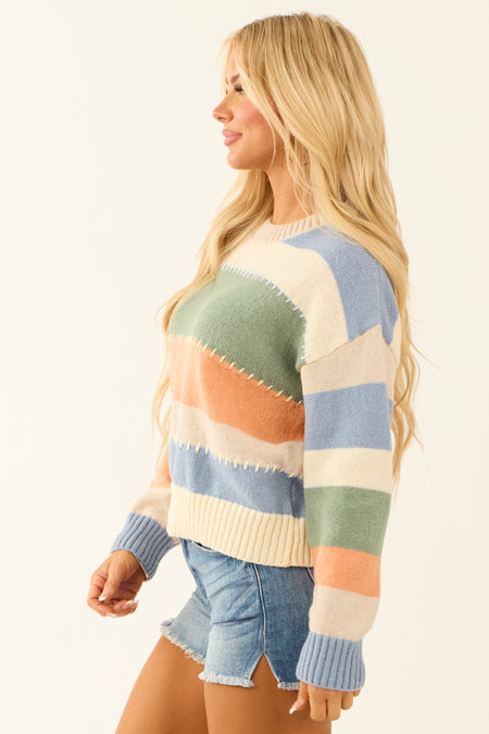 Champagne Colorful Stripe Stitch Detail Sweater