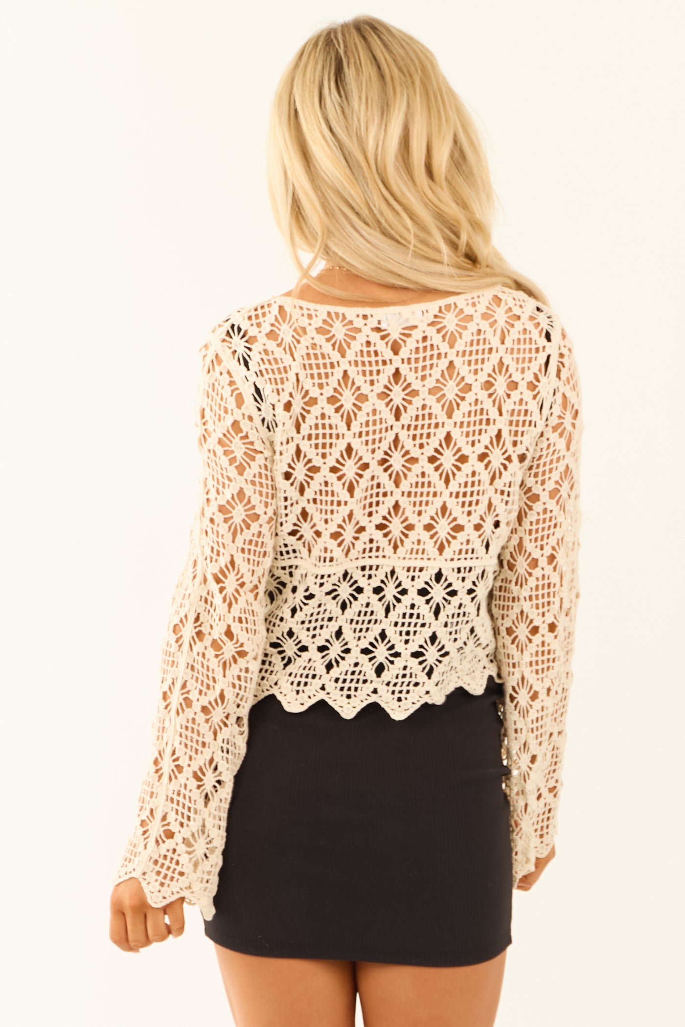 Champagne Crochet Lace Long Sleeve Boat Neck Top