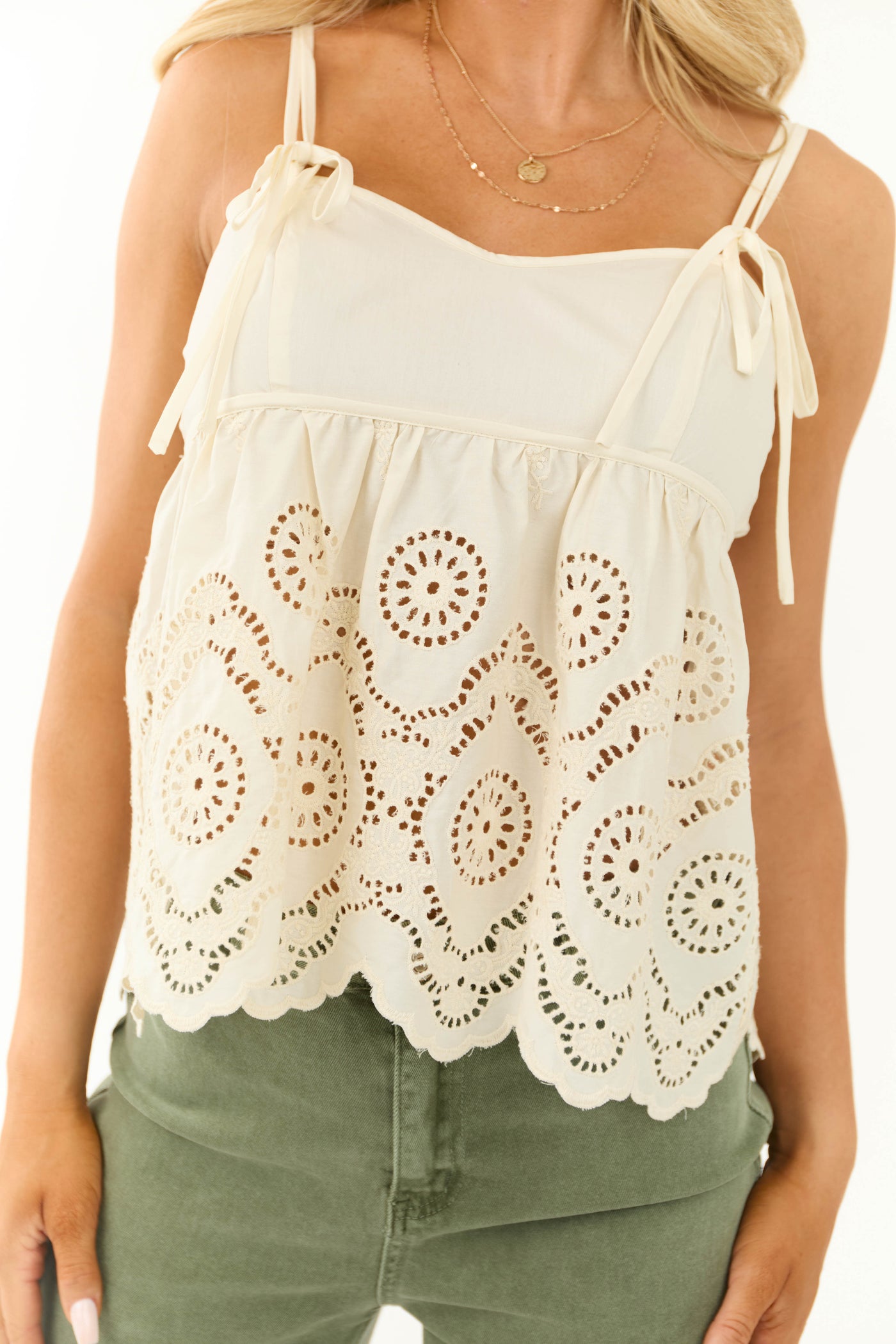 Champagne Eyelet Lace Peplum Tank Top