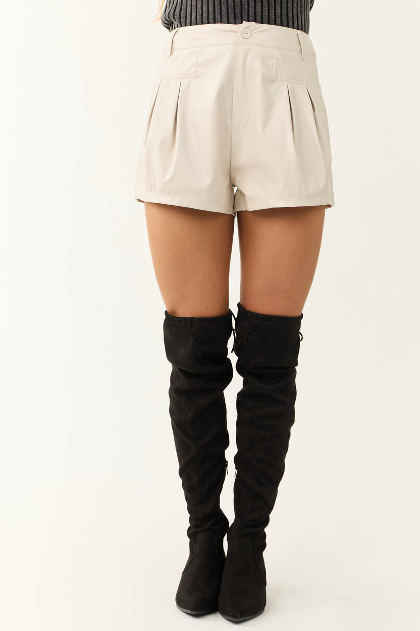 Champagne Faux Leather Pleated Shorts