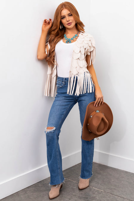 Champagne Faux Suede Feather Fringe Vest