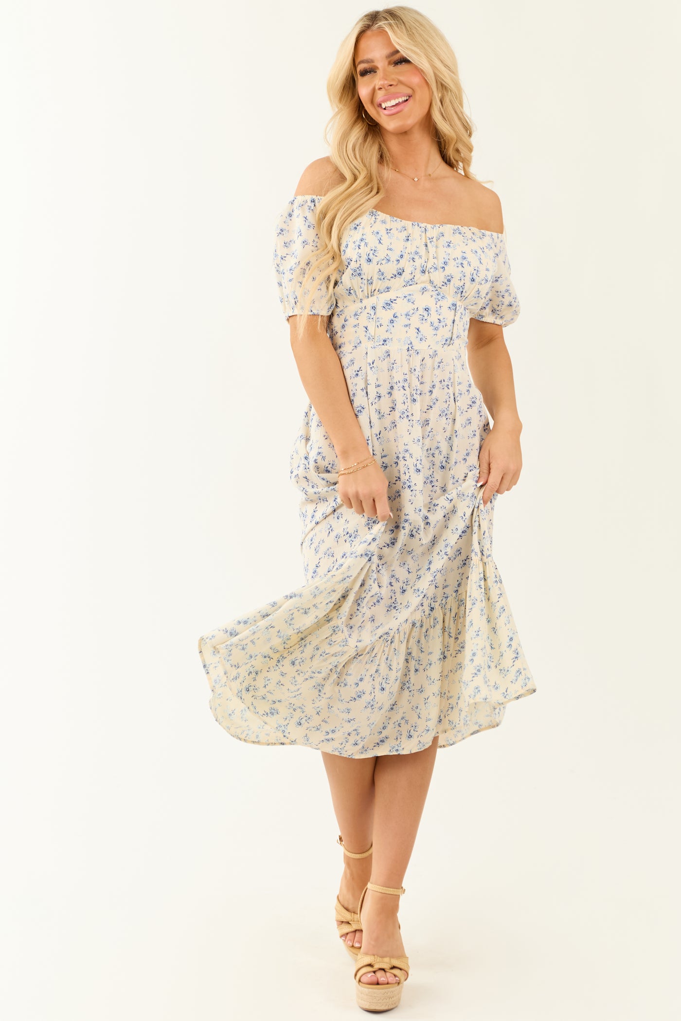 Champagne Floral Print Puff Sleeve Midi Dresses