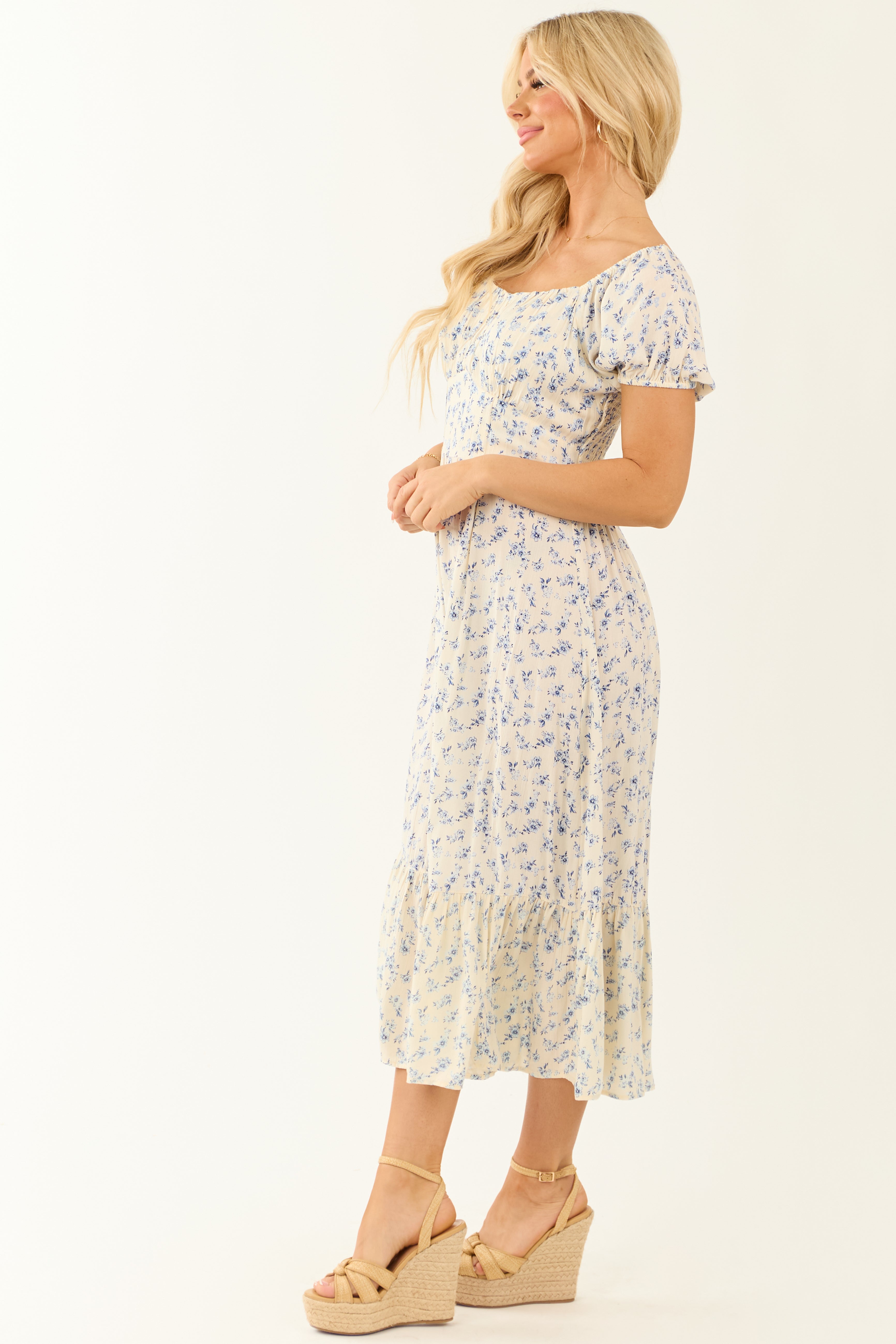 Champagne Floral Print Puff Sleeve Midi Dresses