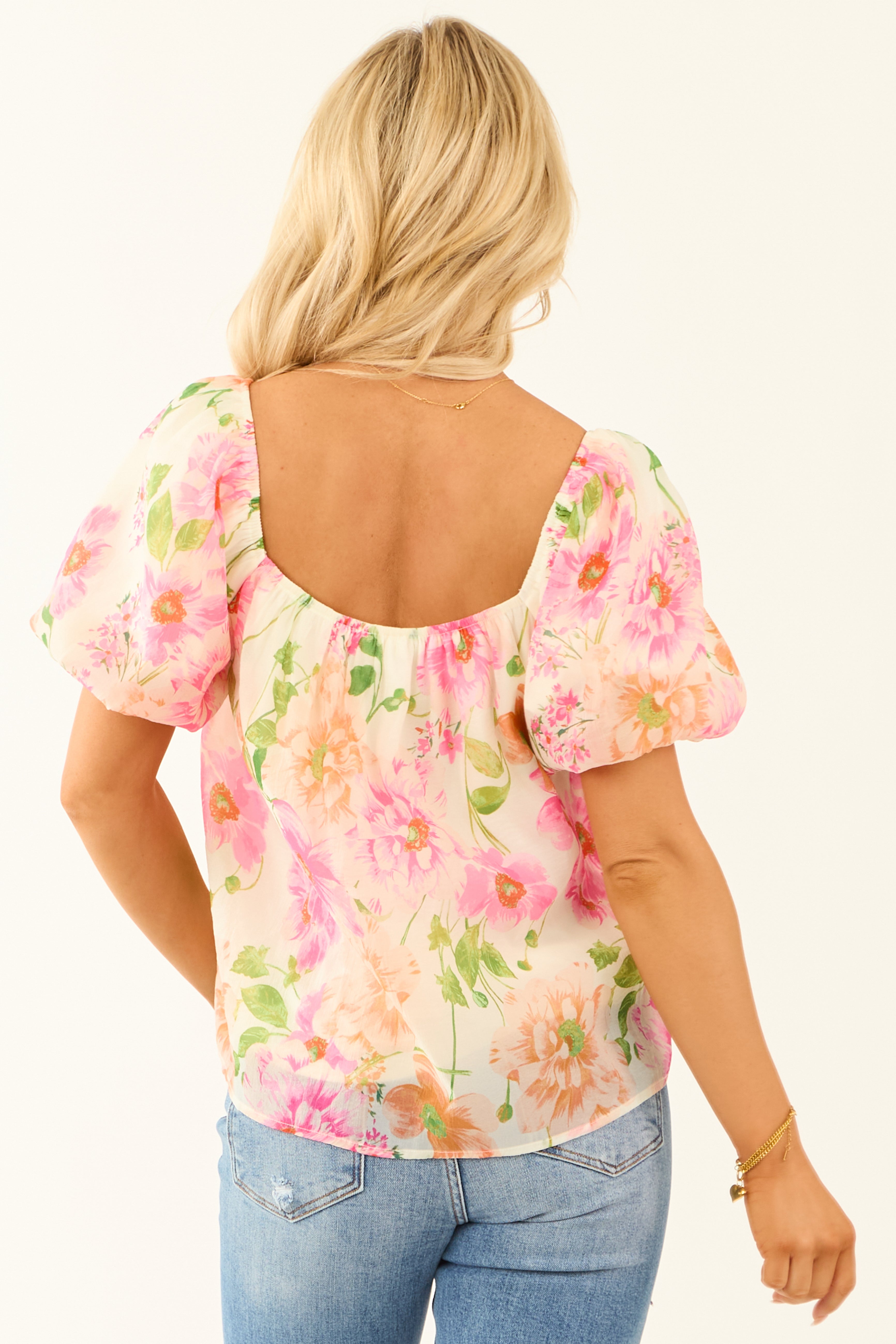 Champagne Floral Print Short Puff Sleeve Blouse