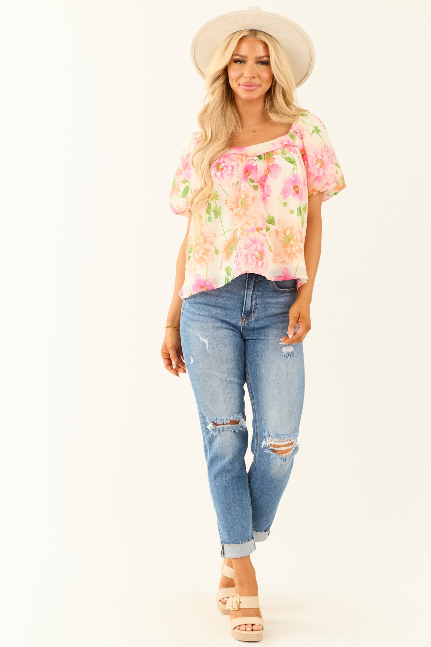 Champagne Floral Print Short Puff Sleeve Blouse