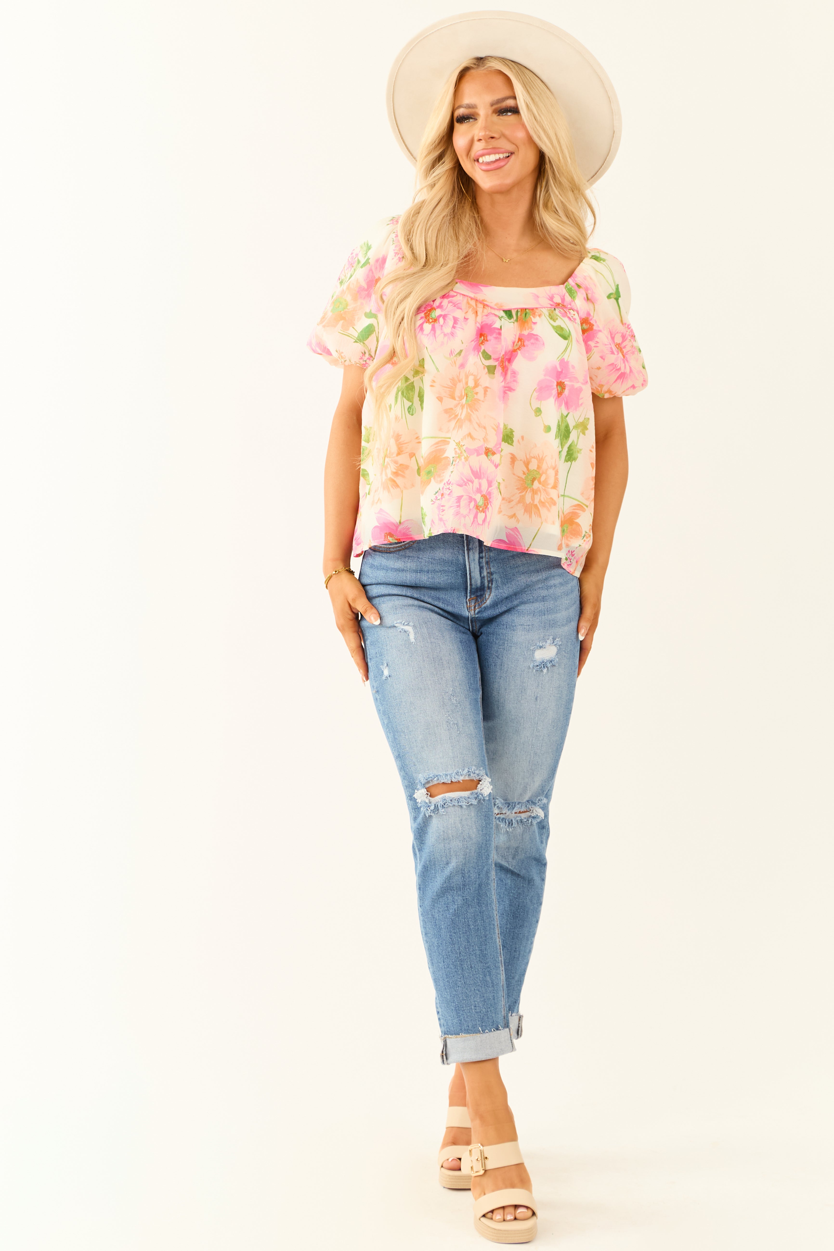 Champagne Floral Print Short Puff Sleeve Blouse